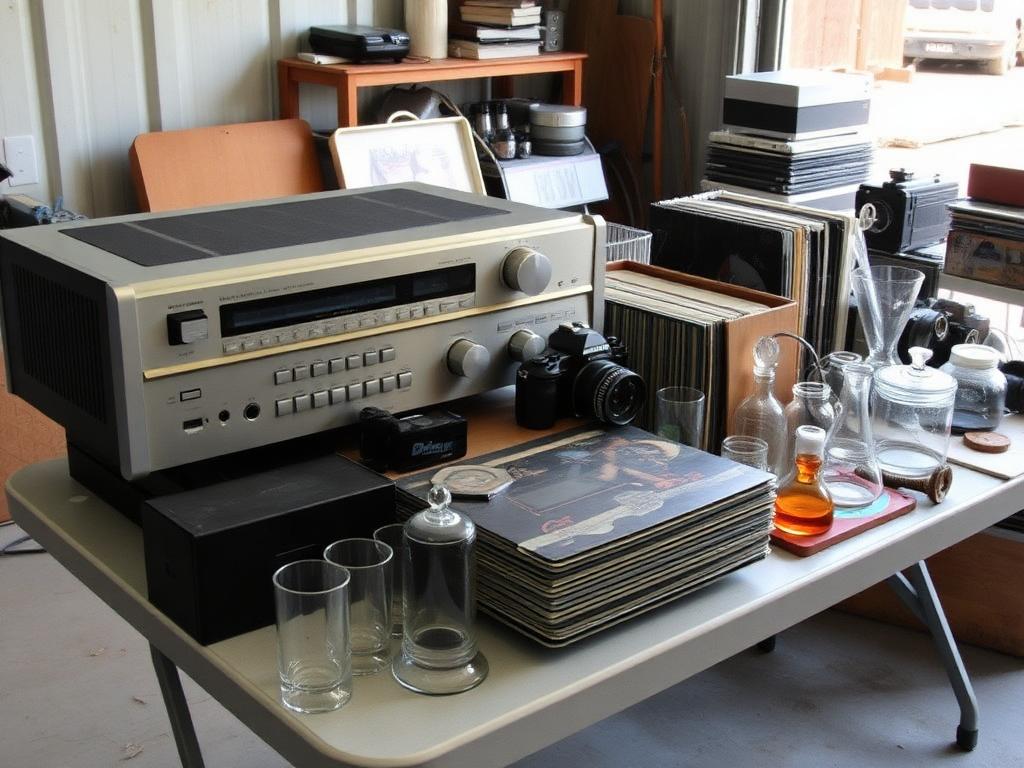 Estate sale table with a vintage stereo receiver, camera, vinyl records and glassware